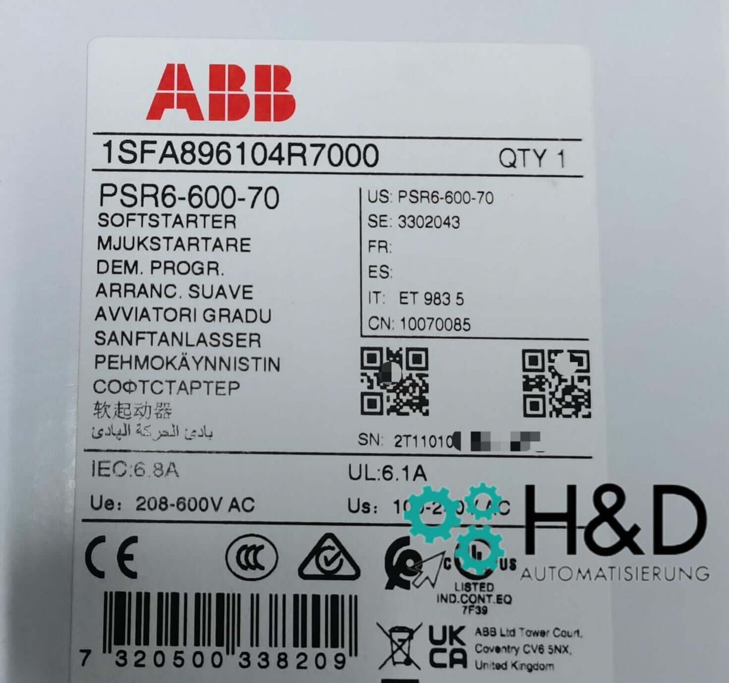 ABB 1SFA896104R7000 – PSR6-600-70 Softstarter – 6,8 A – 208 V bis 600 V AC – Neu und versiegelt