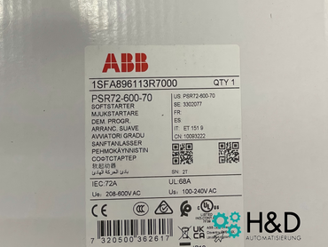 ABB PSR72-600-70 Arrancador suave 72A 208-600V CA 37kW Nuevo y sellado