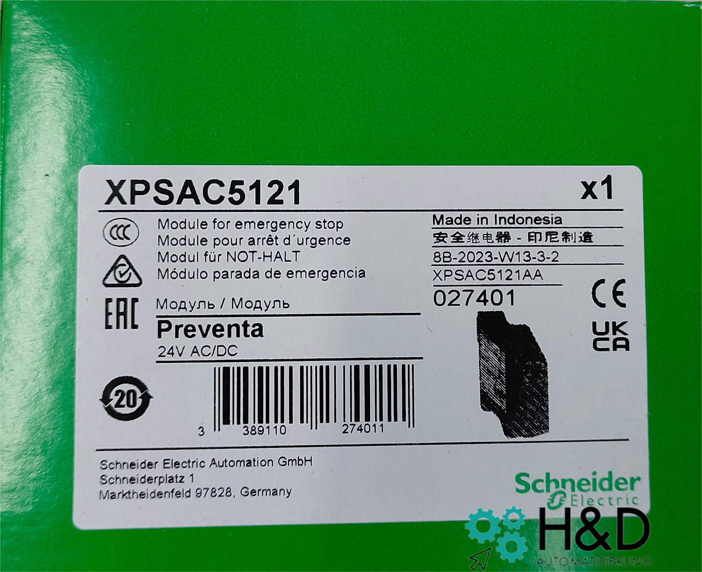 XPSAC5121 Schneider Electric modulo di sicurezza arresto di emergenza, 3 relè+1 transistor, 24 VAC/DC, fisso
