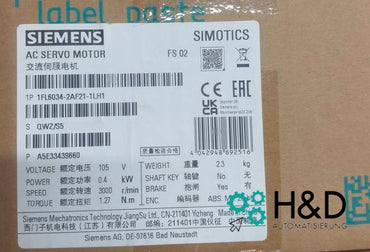 Siemens SIMOTICS 1FL6 Motor 1FL6034-2AF21-1LH1 | 0.4 kW, 3000 rpm, IP65, Holding brake, SINAMICS V90 compatible