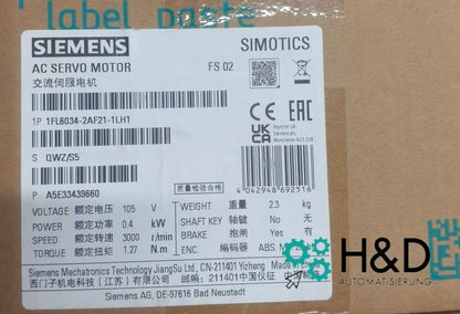 Motore Siemens SIMOTICS 1FL6 1FL6034-2AF21-1LH1 | 0,4 kW, 3000 giri/min, IP65, freno di stazionamento, compatibile SINAMICS V90