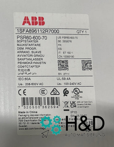 ABB 1SFA896112R7000 – PSR60-600-70 Avviatore morbido – 60 A – 208 … 600 V CA – Nuovo e sigillato