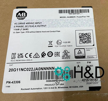 20G11NC022JA0NNNNN   Allen-Bradley PowerFlex Refrigerado por Aire 755 Variador de CA Nuevo y Sellado