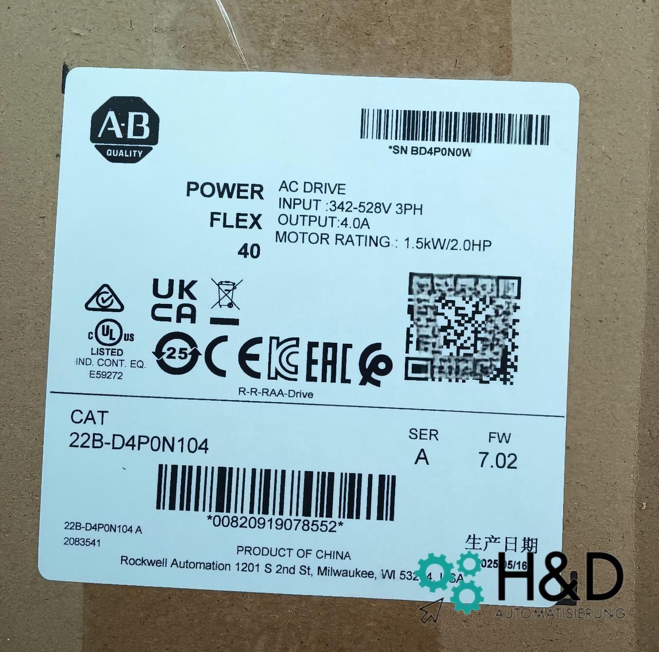 Allen-Bradley 22B-D4P0N104 PowerFlex 40 AC Drive (1.5 kW / 4 A)