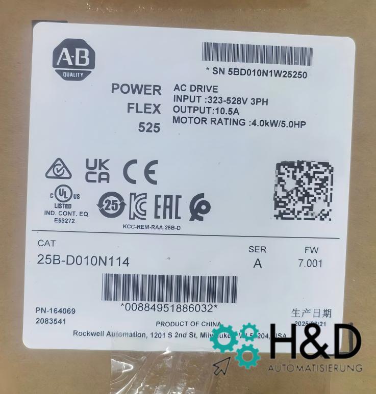 25B-D010N114    Allen-Bradley   PowerFlex 525 4kW   Nuovo e sigillato