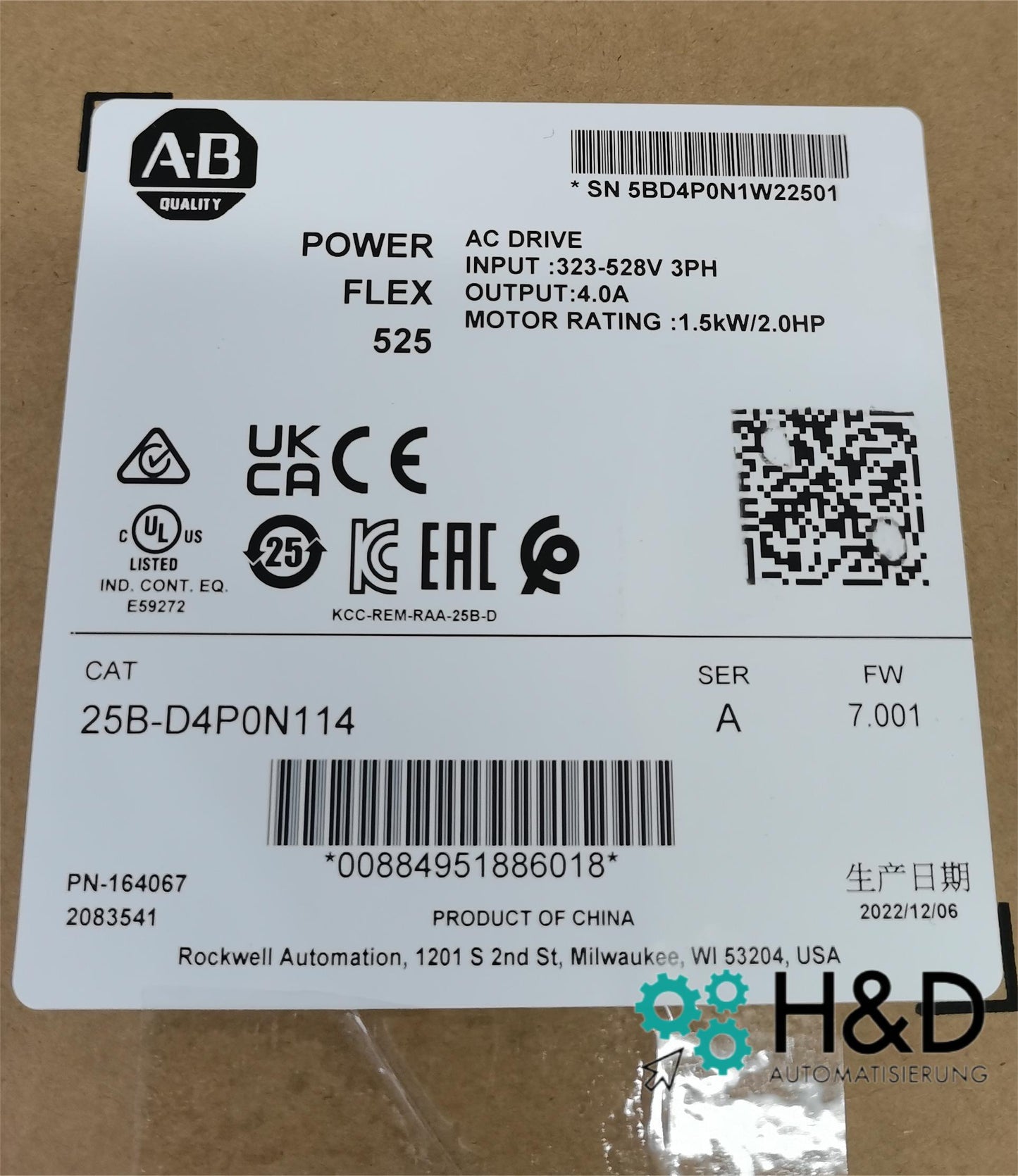 25B-D4P0N114 Allen-Bradley  PowerFlex 525 1.5kW (2Hp) AC Drive 【New and sealed】