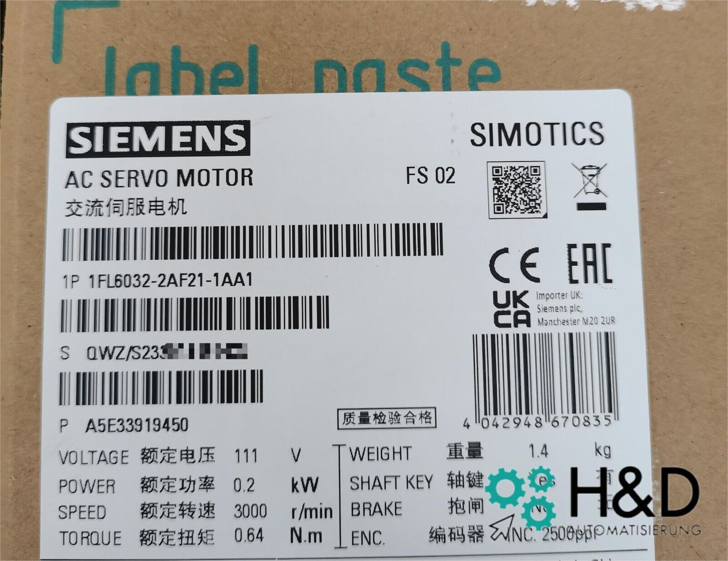 1FL6032-2AF21-1AA1   Siemens   SIMOTICS S-1FL6  	New and Sealed