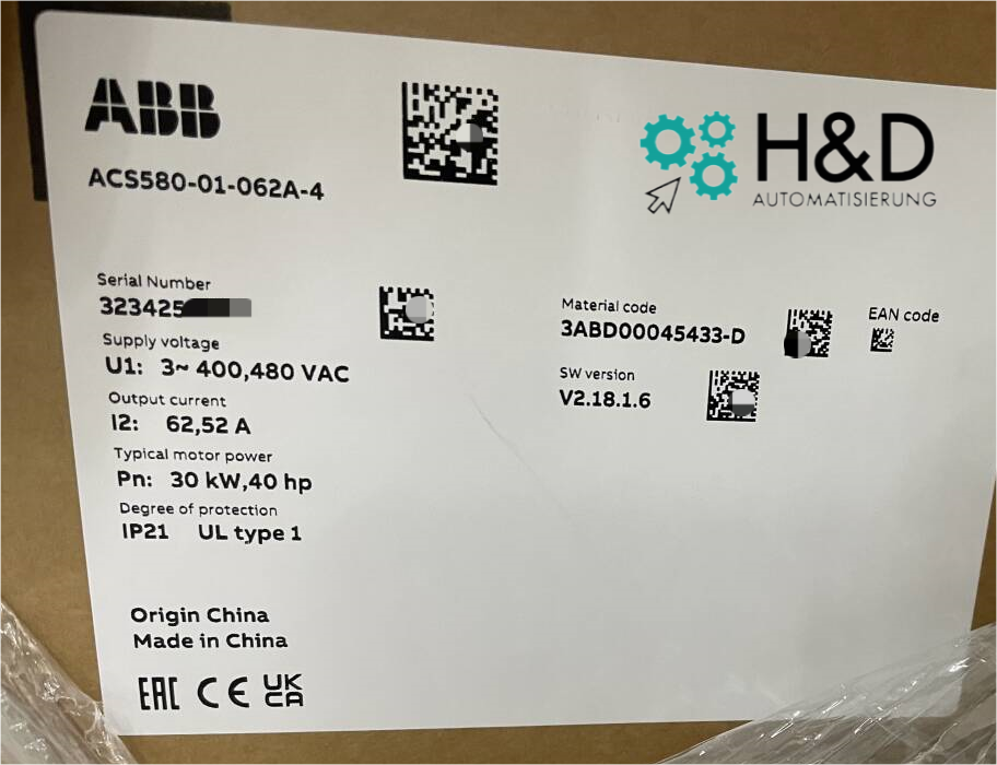 ACS580-01-062A-4  ABB  Inverter  PN：30 kW，IN：62 A  【New and Sealed】