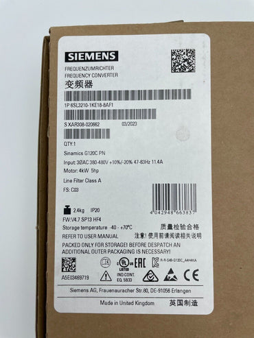 6SL3210-1KE18-8AF1   SIEMENS   SINAMICS G120C RATED POWER 4,0KW  New and Sealed