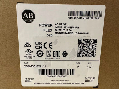 25B-D017N114  Allen-Bradley  PowerFlex 525 7.5kW (10Hp) AC Drive【New and sealed】