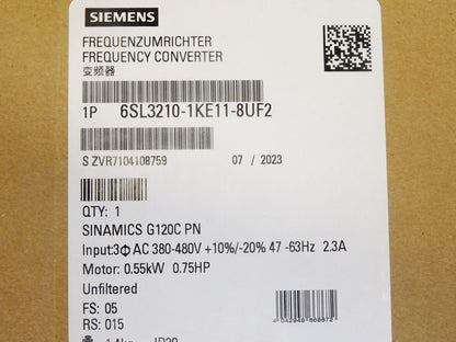 6SL3210-1KE11-8UF2  SIEMENS  SINAMICS G120C RATED POWER 0,55KW New and Sealed