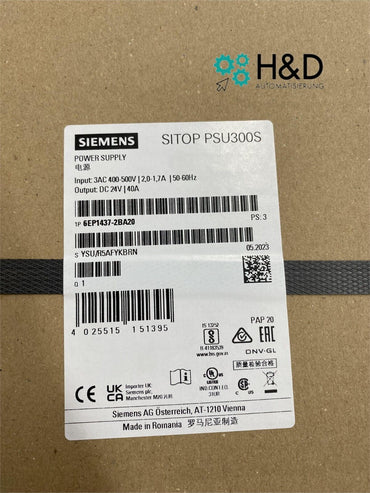 Siemens SITOP PSU300S – 6EP1437-2BA20, Dreiphasige Stromversorgung, 24V DC, 40A, 960W, 400–500V AC