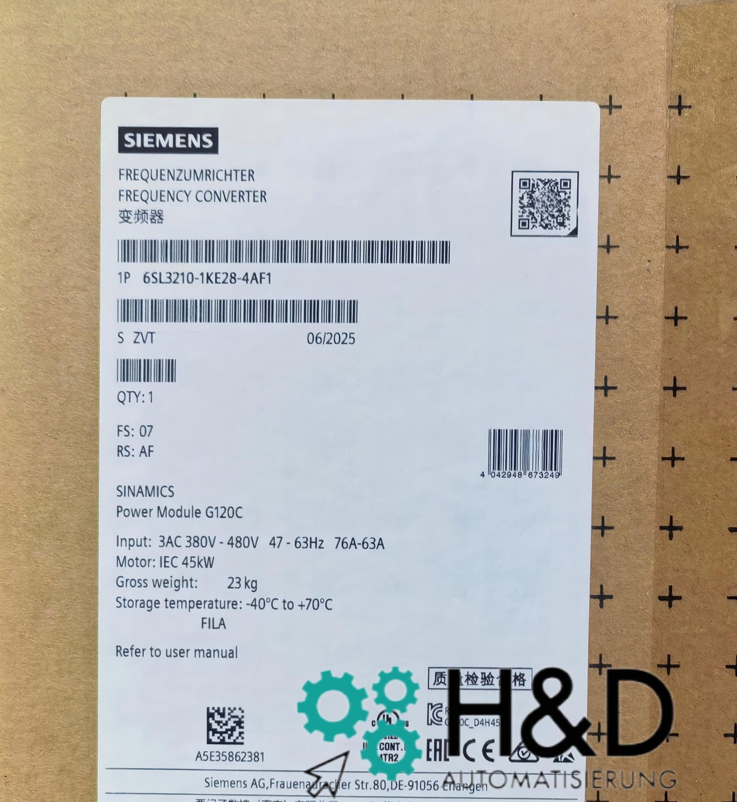6SL3210-1KE28-4AF1 SIEMENS SINAMICS G120C rated power: 45.0 kW New and Sealed