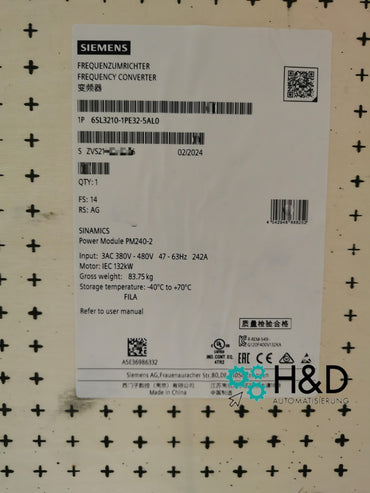 6SL3210-1PE32-5AL0  SIEMENS  SINAMICS G120 POWER MODULE PM240-2  New and Sealed