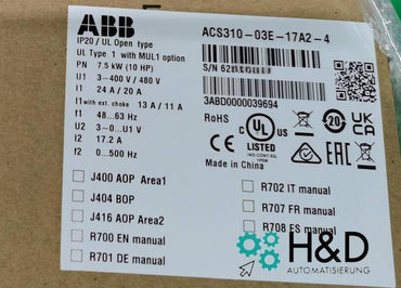 ABB ACS310-03E-17A2-4 – Inverter – Pn 7.5 kW – I2n 17.2 A – IP20 – New and sealed