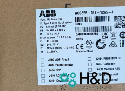 ABB ACS355-03E-12A5-4 – Inverter – Potenza nominale 5,5 kW – Corrente nominale 12,5 A – IP20 – Nuovo e sigillato