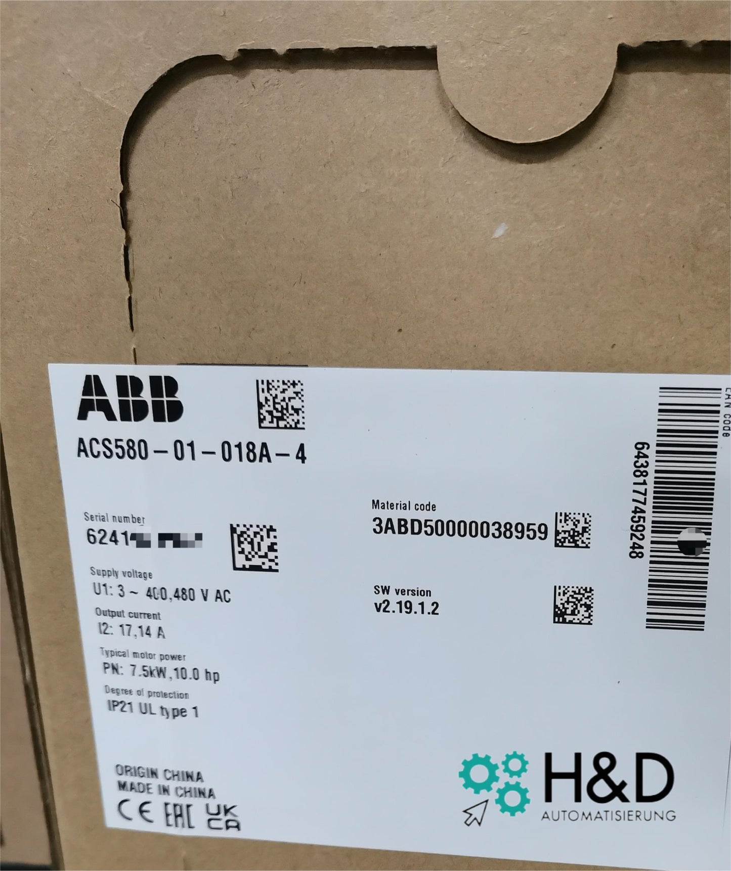 ACS580-01-018A-4  ABB  Inverter  PN: 7.5 kW, IN: 17.0 A  【New and Sealed】