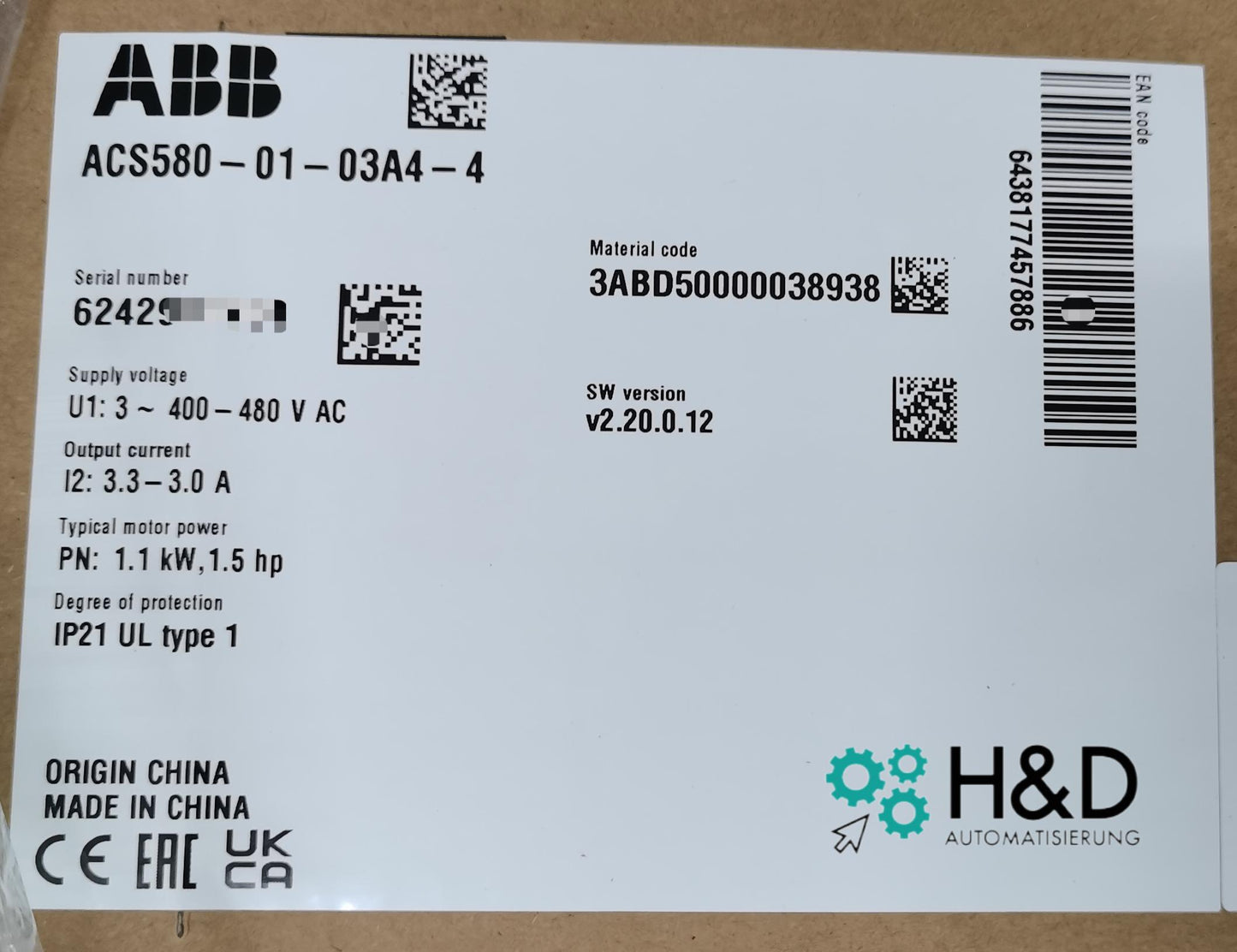 ACS580-01-03A4-4  ABB  Inverter  PN: 1.1 kW, IN: 3.3 A  【New and Sealed】