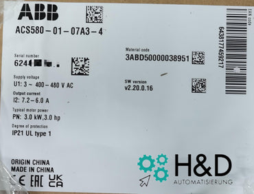ABB ACS580-01-07A3-4 – Inverter – 3,0 kW – 7,2 A – 380 V – IP20 – Nuovo e sigillato