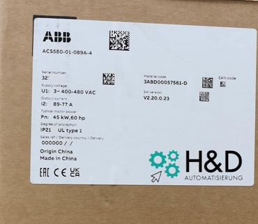 ABB ACS580-01-089A-4 – Inversor – PN: 45 kW, IN: 89 A, IP21 – Nuevo y sellado