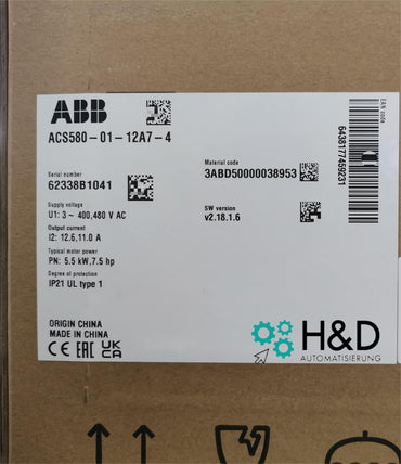 ABB ACS580-01-12A7-4 – Inverter – PN: 5,5 kW, IN: 12,6 A, IP21 – Neu und versiegelt