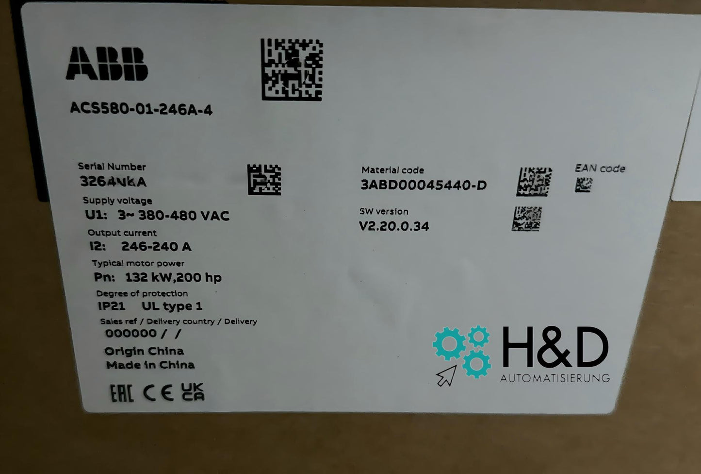 ABB ACS580-01-246A-4 Convertidor de frecuencia 132 kW 400V Nuevo y sellado