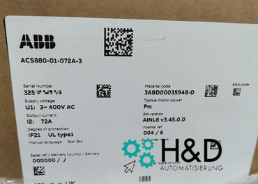 ABB ACS880-01-072A-3 – Inverter – PN: 37 kW, IN: 72 A, 400 V, IP20 – New and sealed