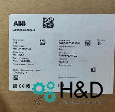 ABB ACS880-01-206A-3 – Inverter – PN: 110 kW, IN: 206 A, 400 V, IP20 – Nuovo e sigillato