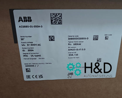 ABB ACS880-01-293A-3 – Inverter – PN: 160 kW, IN: 293 A, 400 V, IP20 – Nuovo e sigillato