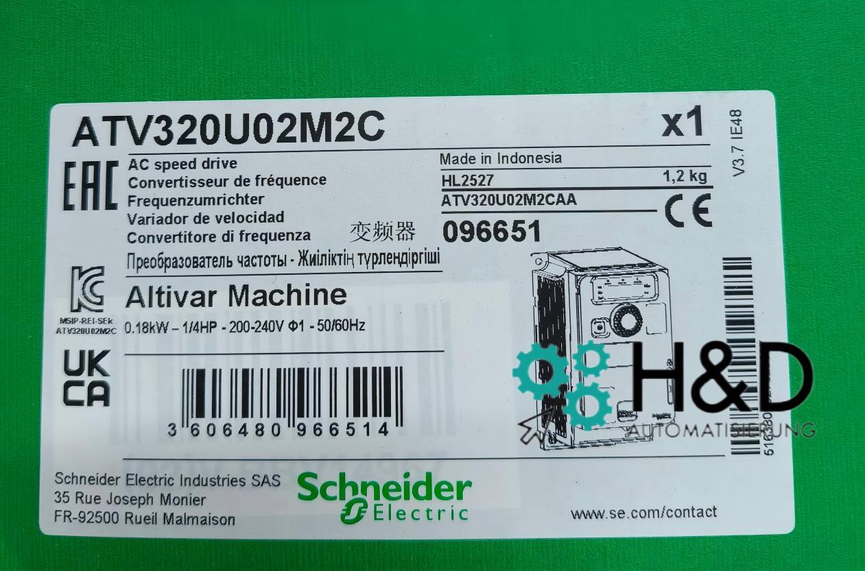 Частотный преобразователь ATV320, 0,18 кВт, 200-240 В, однофазный, компактный, Schneider Electric, ATV320U02M2C