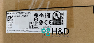 Delta VFD037E43A VFD-E FU 5HP 460V 3PH | IP20, Sensorless Vector, 8.5A